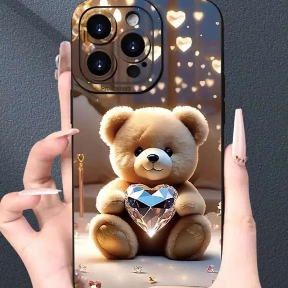3for$20 1pc Cute Diamond Bear Painted Shockproof TPU Phone Case 14 pro max